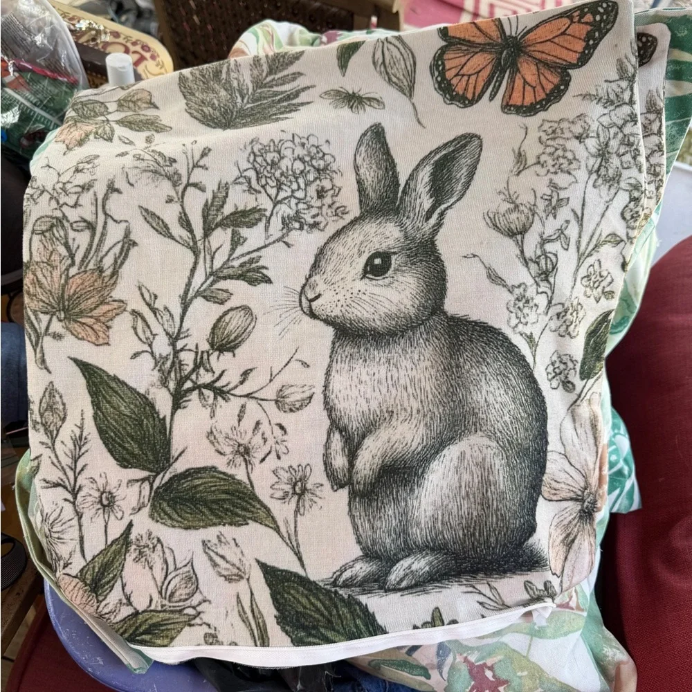 Botanical Bunny Decorative Pillow Cover - Neutral Floral Print